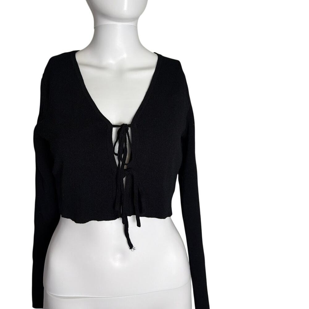 7 For All Mankind Women Small Black Cropped Cardigan Sweater Ribbed Tie Front